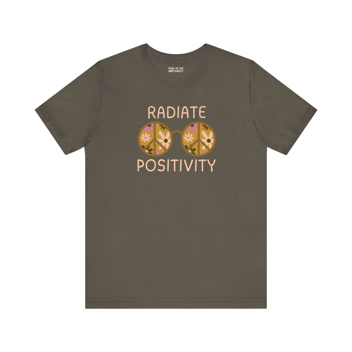 Radiate Positivity soft tee featuring vibrant floral glasses design, ideal for optimists and free spirits.