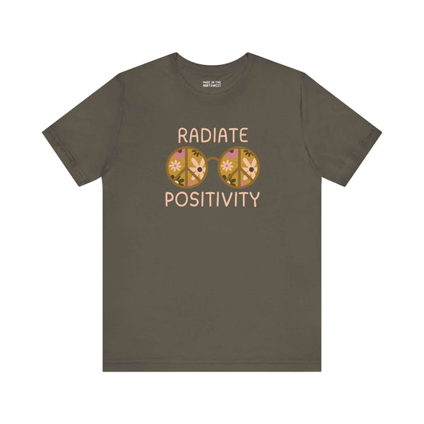Radiate Positivity soft tee featuring vibrant floral glasses design, ideal for optimists and free spirits.