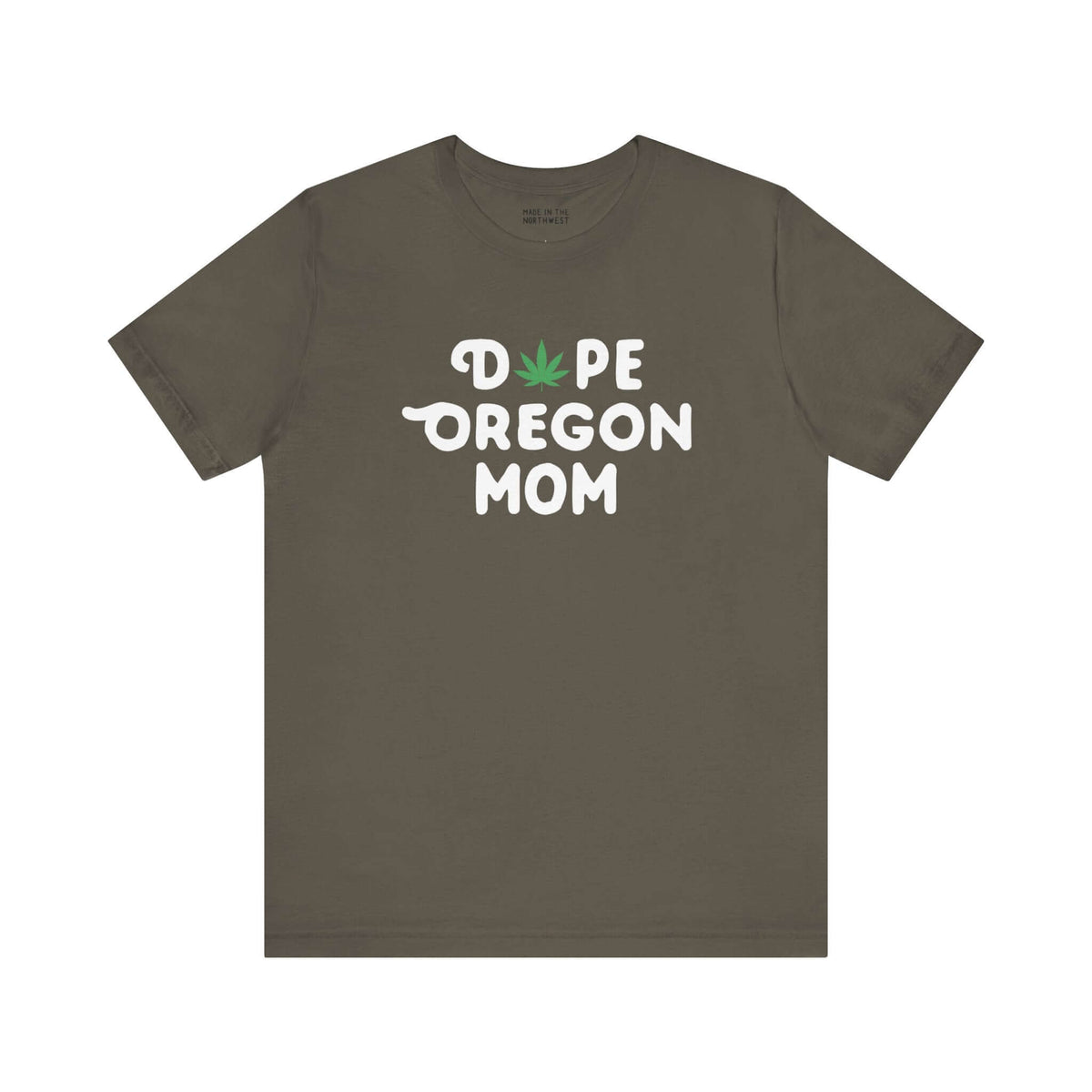 "Dope Oregon Mom soft tee with marijuana leaf detail on gray background"