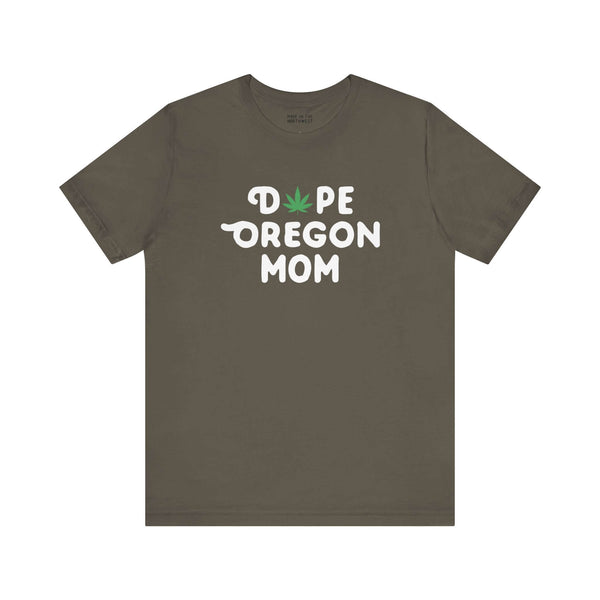 "Dope Oregon Mom soft tee with marijuana leaf detail on gray background"