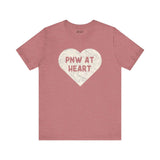 Maroon t-shirt with a heart-shaped map design and 