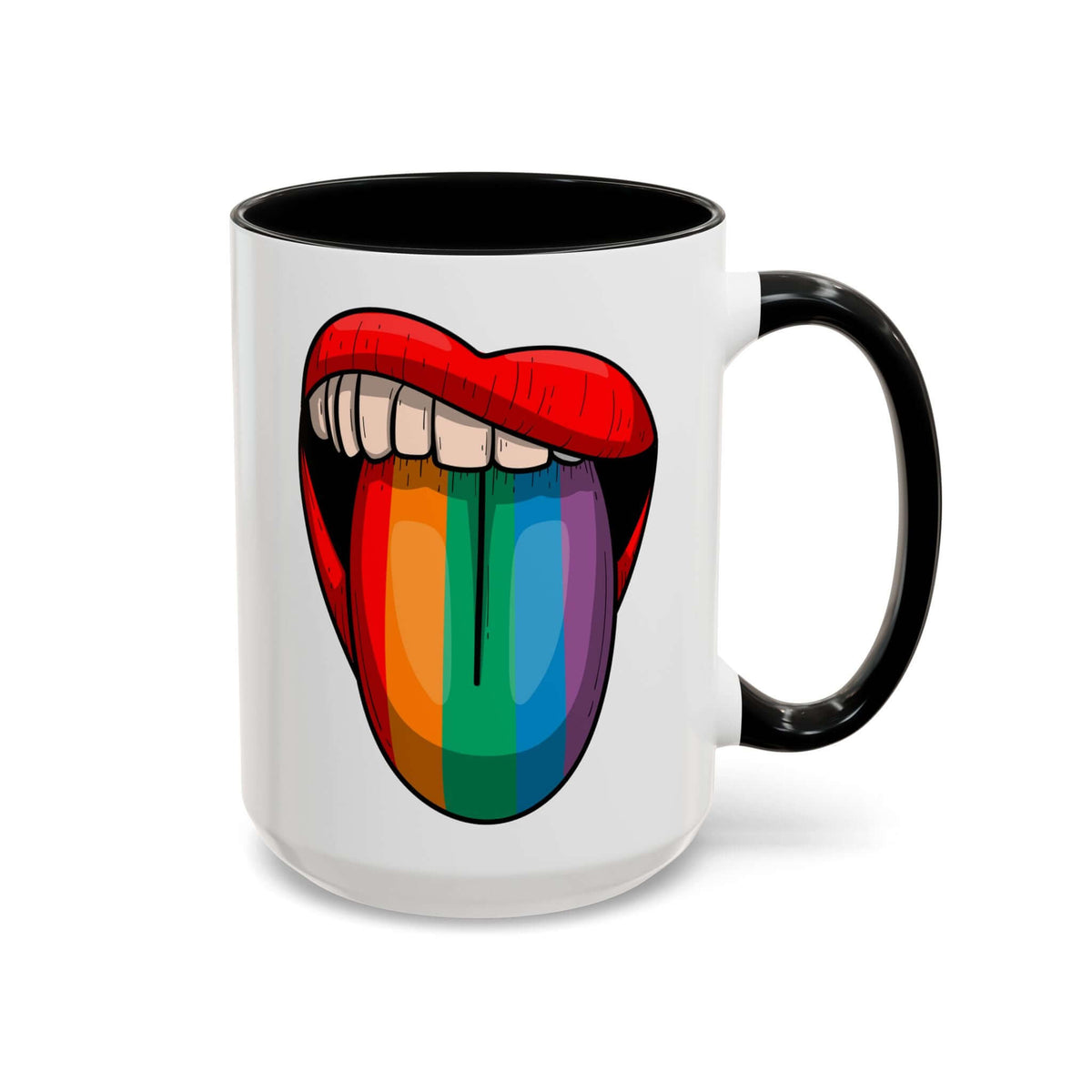 Rainbow Tongue Mug featuring a vibrant tongue graphic on a white ceramic mug with a black handle.