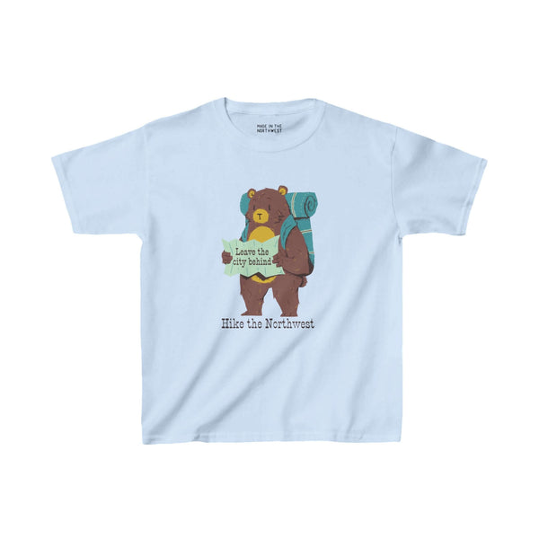 Kids' tee featuring a bear with a backpack and map, perfect for Northwest adventures and outdoor exploration.