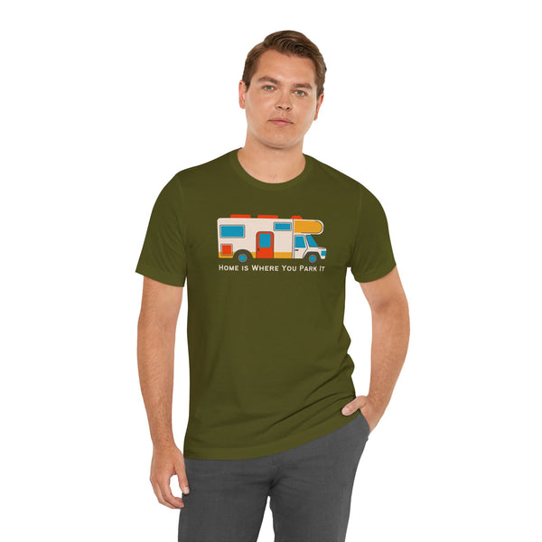 Man wearing Home Is Where You Park It premium soft tee with RV graphic, perfect for van lifers and adventurers.