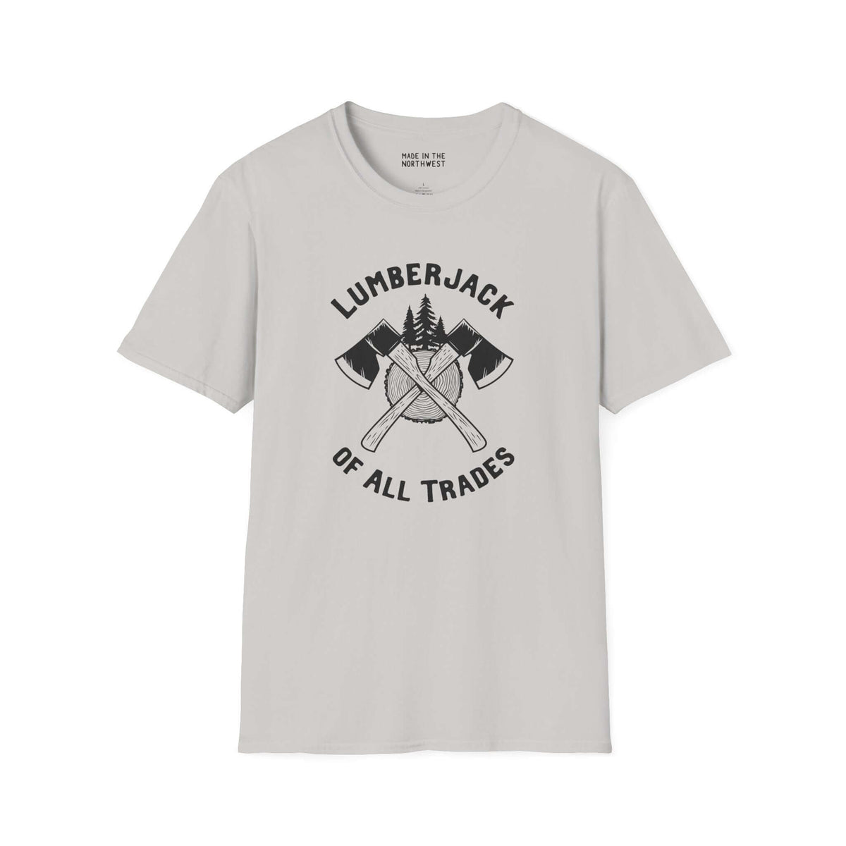 Lumberjack of All Trades softstyle t-shirt featuring crossed axes and tree design, ideal for hardworking individuals.