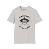 Lumberjack of All Trades softstyle t-shirt featuring crossed axes and tree design, ideal for hardworking individuals.