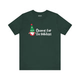 Gnome for the Holidays premium soft tee featuring a cute Christmas gnome and festive typography on a dark green shirt.