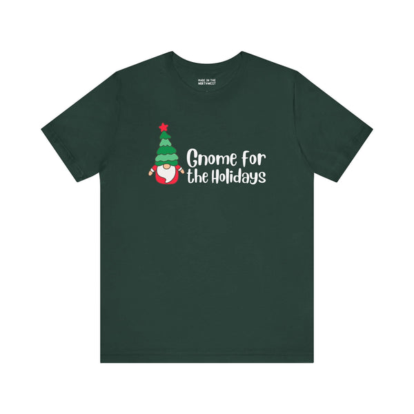 Gnome for the Holidays premium soft tee featuring a cute Christmas gnome and festive typography on a dark green shirt.