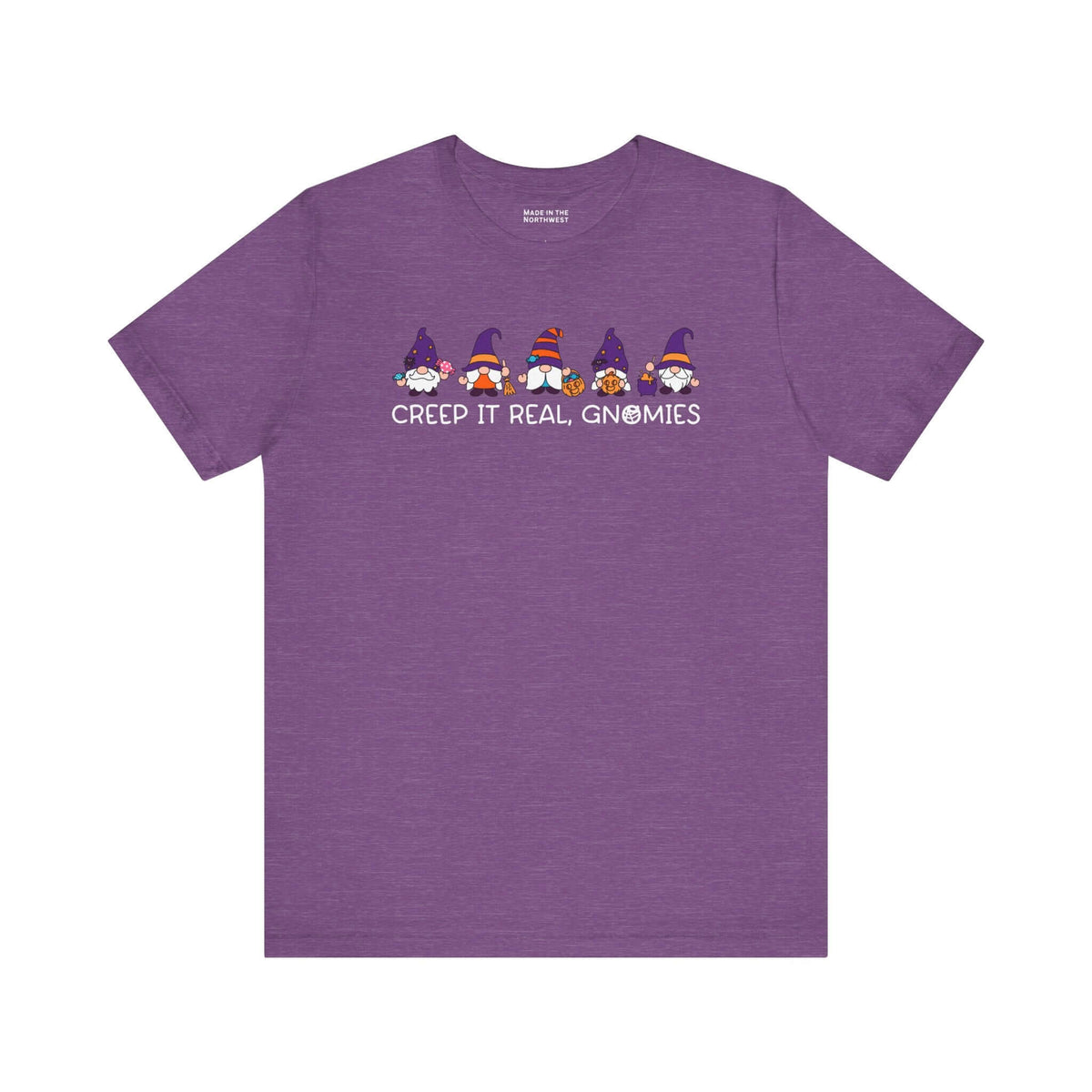 Creep It Real Gnomies Halloween Premium Soft Tee featuring festive gnomes on a purple t-shirt.