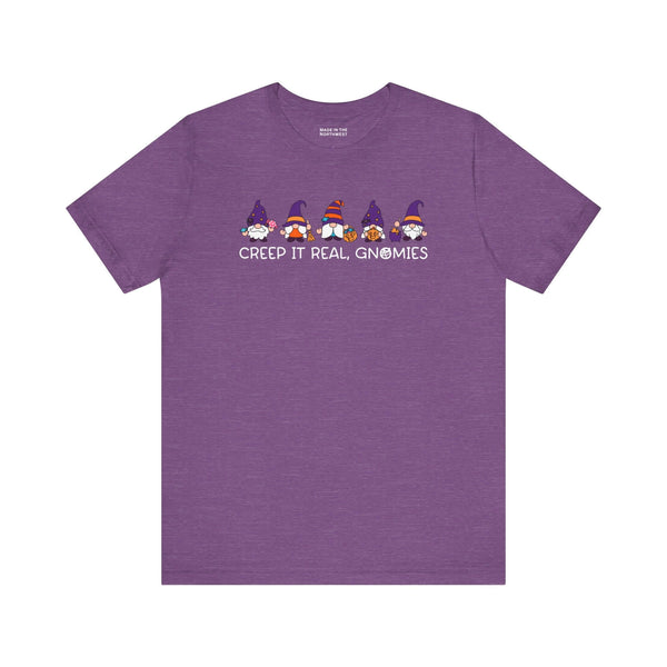 Creep It Real Gnomies Halloween Premium Soft Tee featuring festive gnomes on a purple t-shirt.