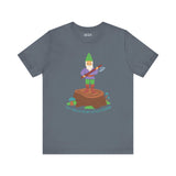 Funny tee featuring a gnome on a stump with an axe, referencing the iconic 'Say hello to my little friend' movie line.