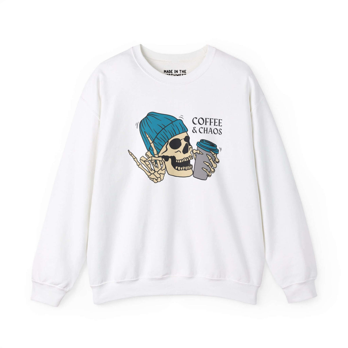 White sweatshirt with a skeleton graphic wearing a blue beanie, holding a coffee cup, and text "Coffee & Chaos" on the front.