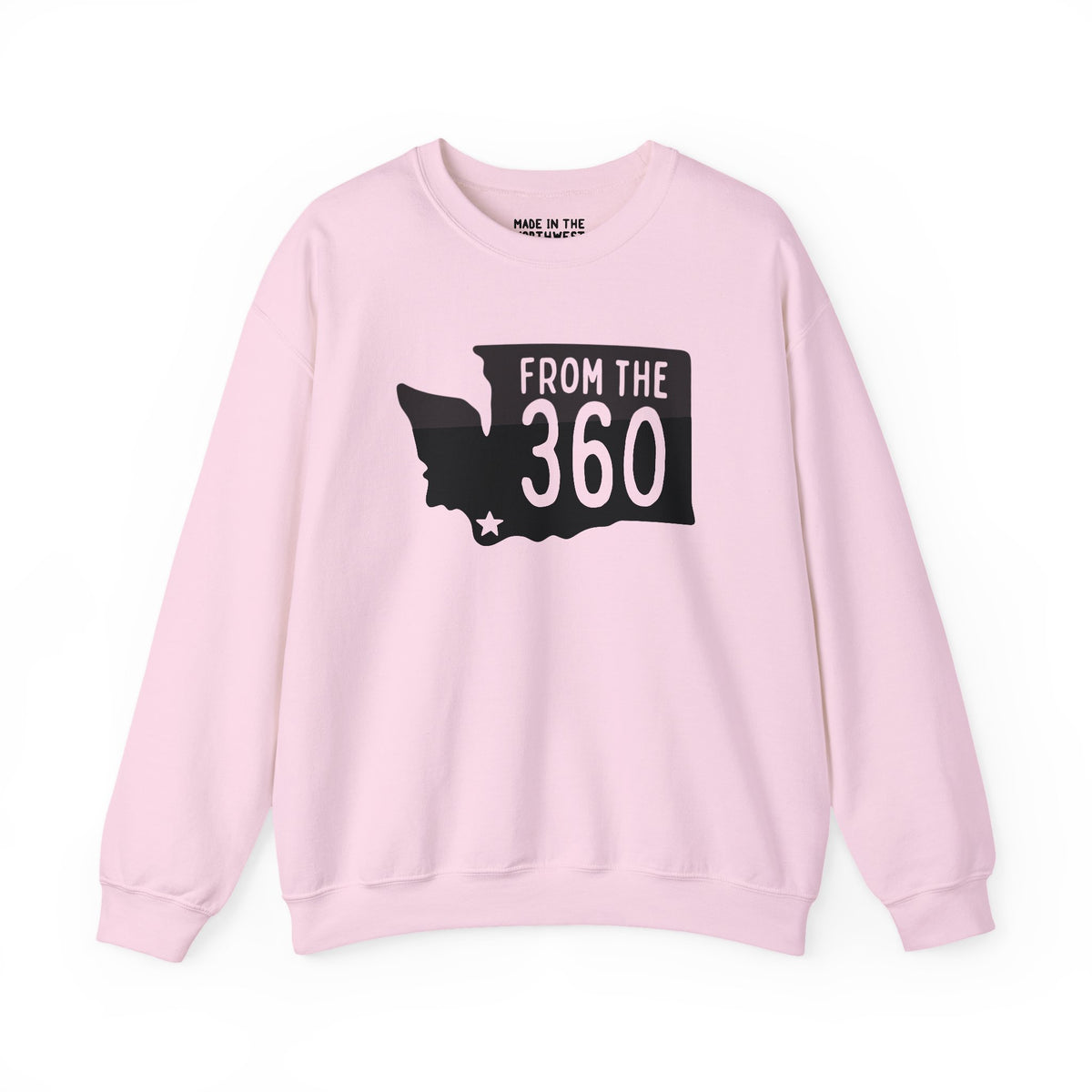 Cozy pink sweatshirt featuring Washington state silhouette and 'From the 360' text, representing Vancouver pride.