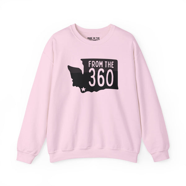 Cozy pink sweatshirt featuring Washington state silhouette and 'From the 360' text, representing Vancouver pride.
