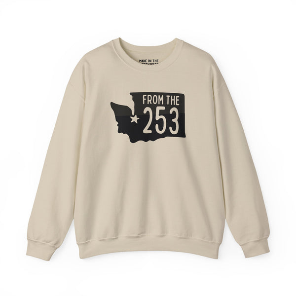 Cozy From the 253 sweatshirt featuring Washington state silhouette with a star marking Tacoma.