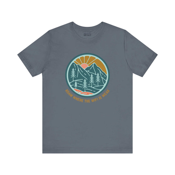 "Roam Where the Wifi is Weak hiking tee with forest design, perfect for nature lovers seeking adventure and serenity off the grid."