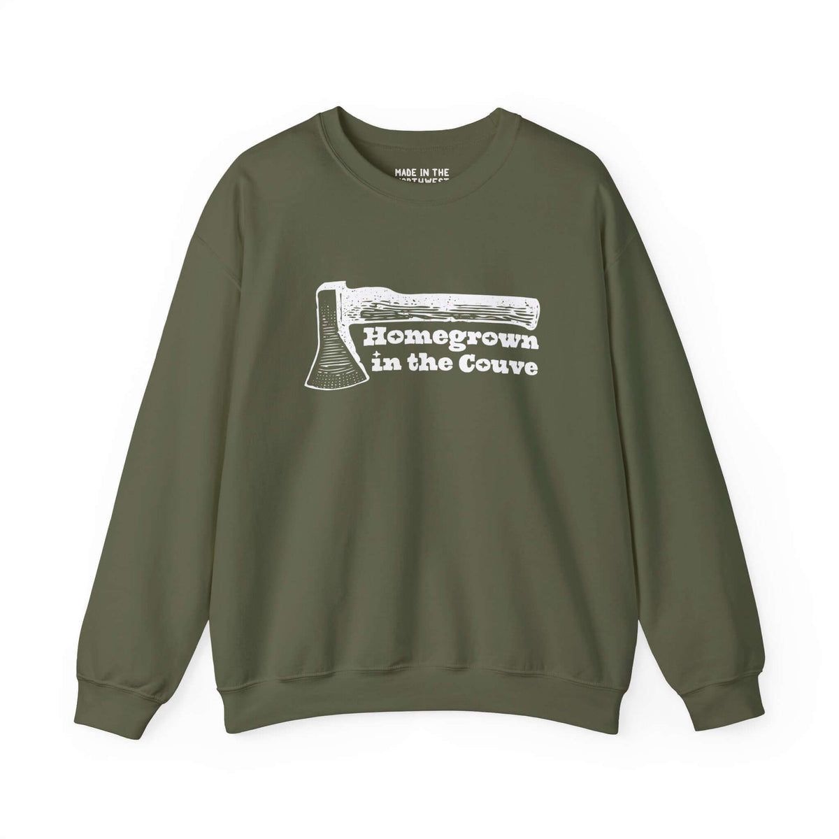 "Homegrown in the Couve sweatshirt with axe design showcasing Vancouver pride and Pacific Northwest style"