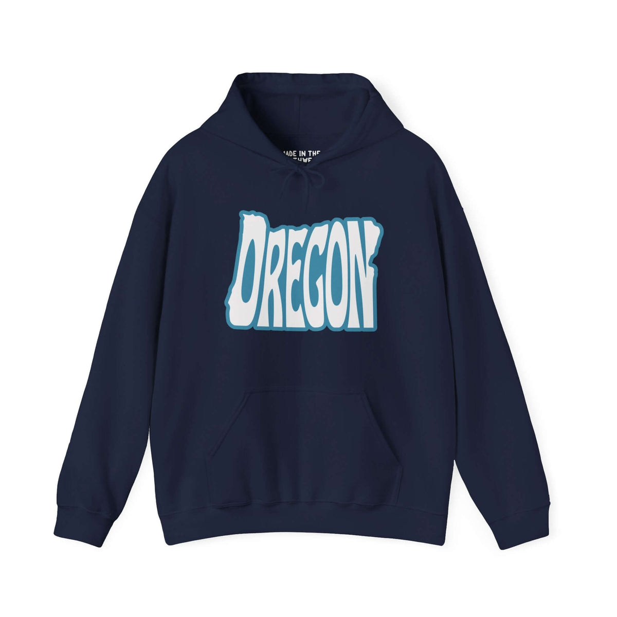 Navy blue hoodie with "Oregon" typography design shaped like the state, celebrating the Pacific Northwest spirit.