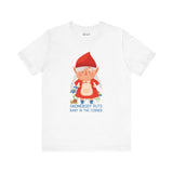 White tee featuring a cute female gnome with the text 