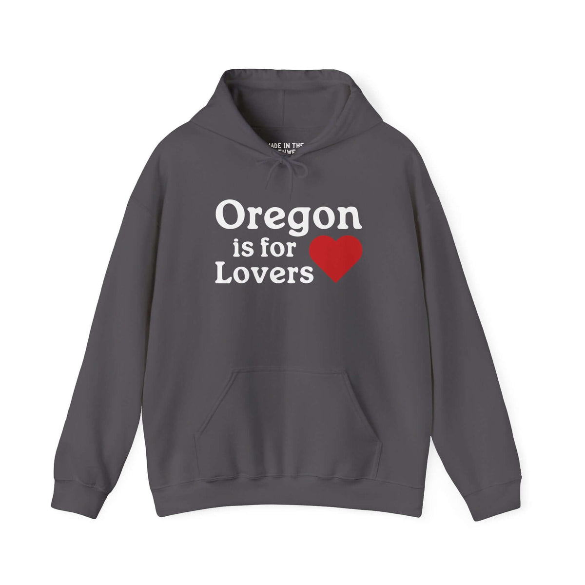 Gray 'Oregon is for Lovers' hoodie with red heart, showcasing love for the Beaver State's beautiful landscapes and cities.