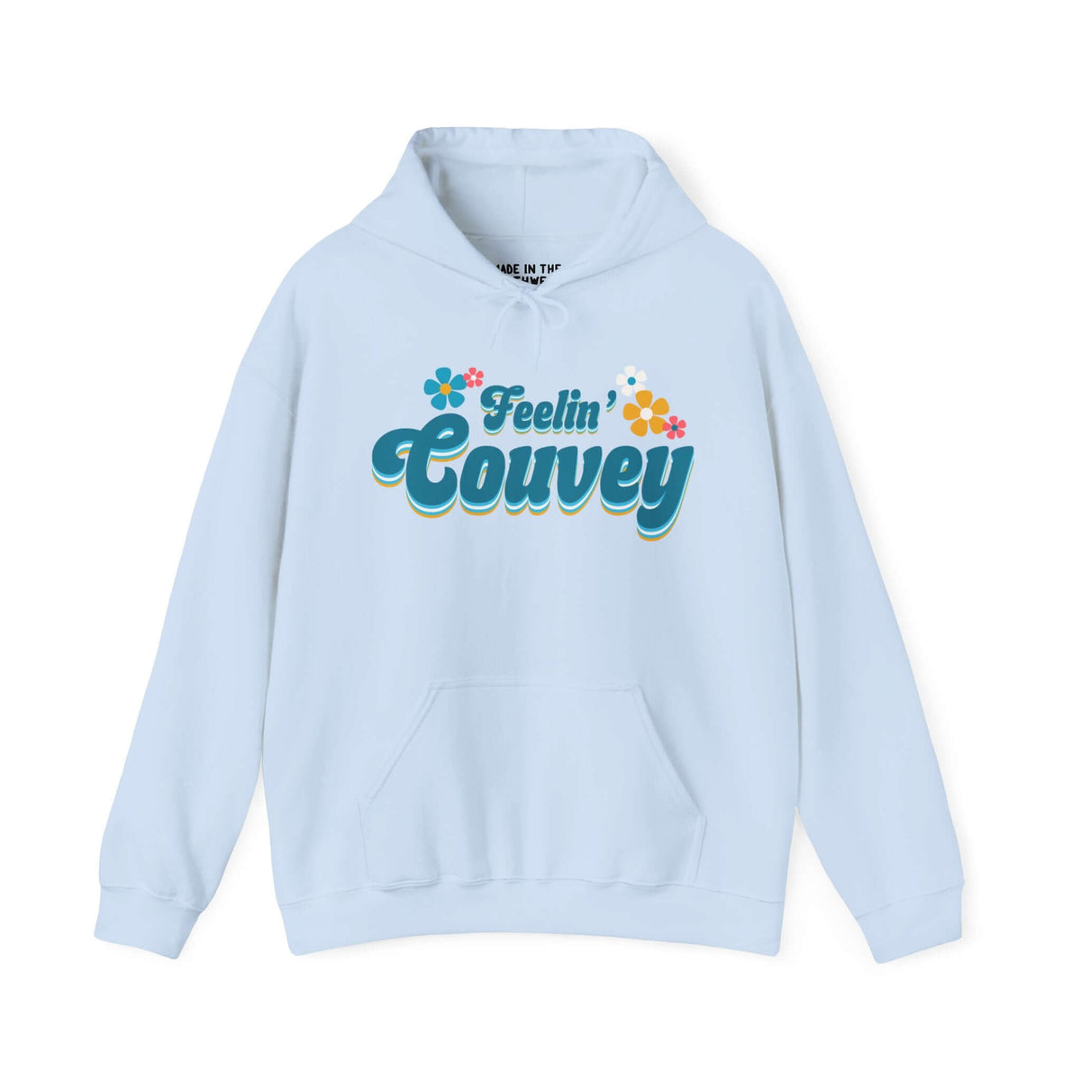 Retro hoodie with "Feelin' Couvey" design in 70s font, aqua and pink floral accents, celebrating Vancouver nostalgia.