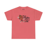 Pink athletic tee with playful coffee design and 