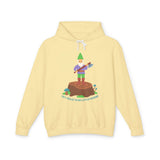 Say Hello to My Little Friend hoodie featuring a gnome with an axe on a stump, humorous PNW style.