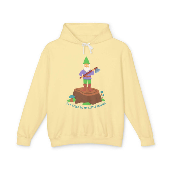 Say Hello to My Little Friend hoodie featuring a gnome with an axe on a stump, humorous PNW style.