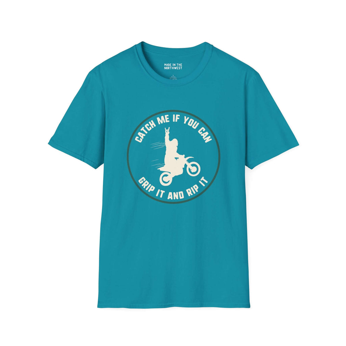 Catch Me If You Can Bigfoot motocross softstyle t-shirt featuring a vibrant blue color and bold design.