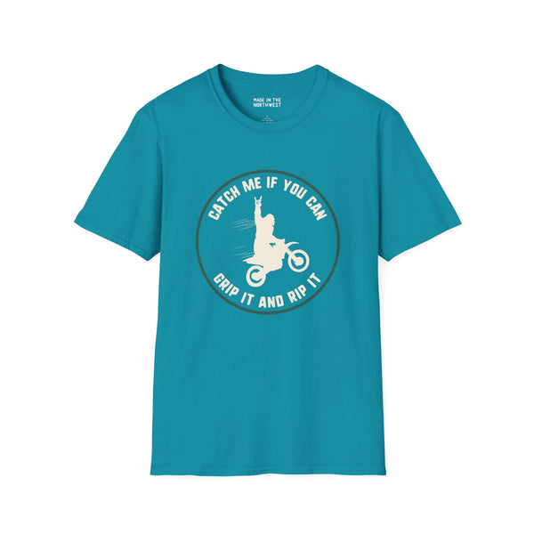 Catch Me If You Can Bigfoot motocross softstyle t-shirt featuring a vibrant blue color and bold design.