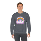Model wearing a dark Homophobia Is Gay sweatshirt with rainbow design, promoting pride and style.