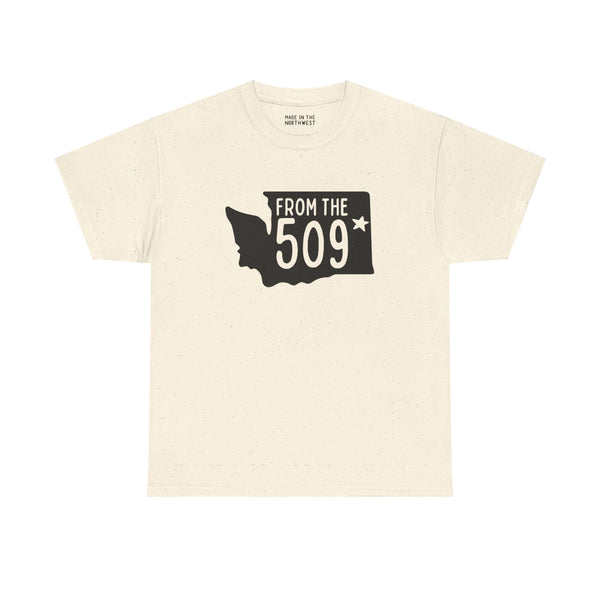 Beige "From the 509" tee showing Washington state silhouette with Spokane star, highlighting local pride.