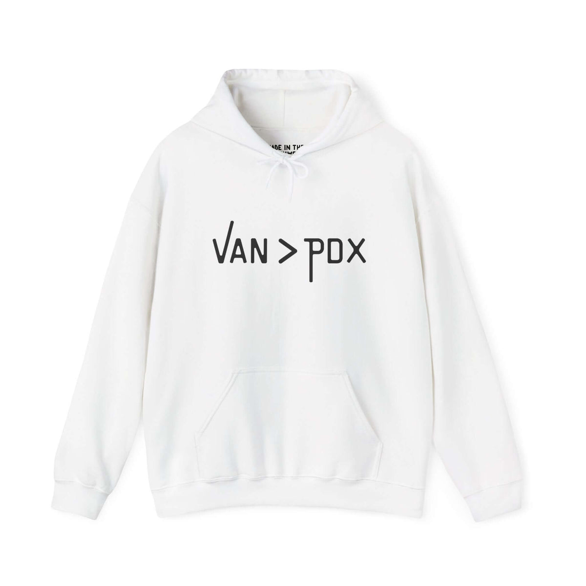 White hoodie featuring 'VAN > PDX' graphic, ideal for Vancouver lovers who prefer no Oregon state tax.