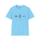 Venn diagram t-shirt featuring 'Serial Killers', 'Moms', and 'People who collect hair & teeth' on a blue background.