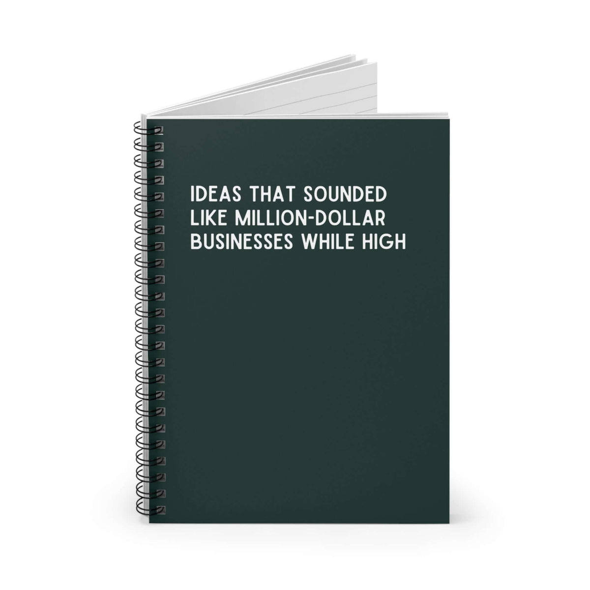 Green spiral notebook titled 'Ideas That Sounded Like Million-Dollar Businesses While High' for capturing creative ideas.