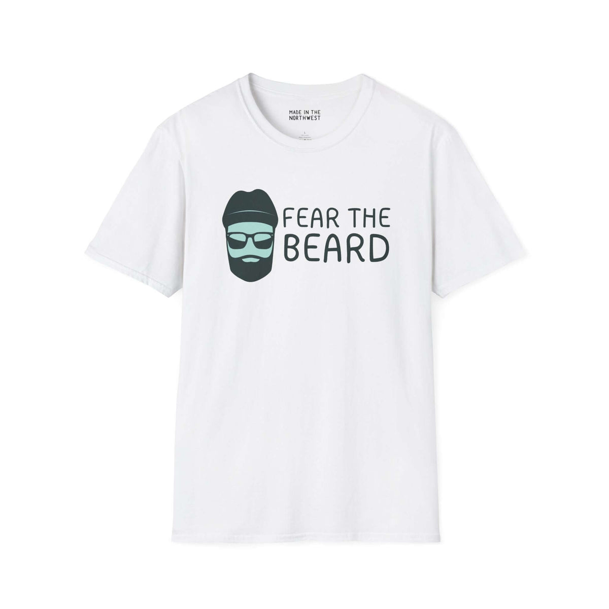Fear the Beard Lumberjack Softstyle T-Shirt featuring a playful graphic of a bearded man in glasses.
