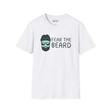 Fear the Beard Lumberjack Softstyle T-Shirt featuring a playful graphic of a bearded man in glasses.