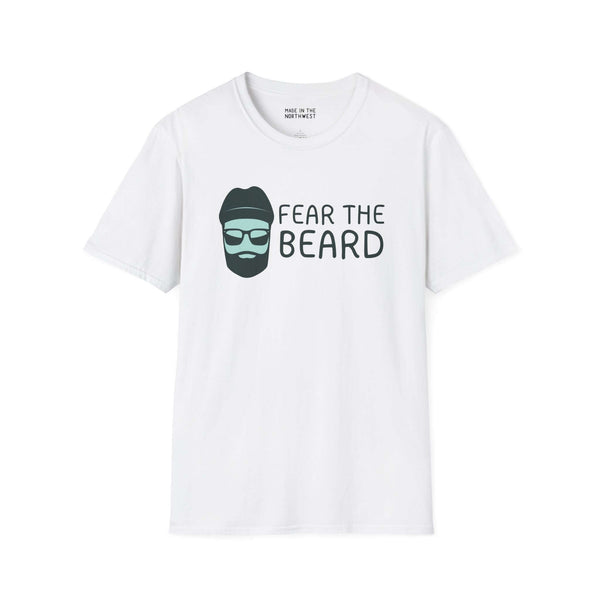 Fear the Beard Lumberjack Softstyle T-Shirt featuring a playful graphic of a bearded man in glasses.