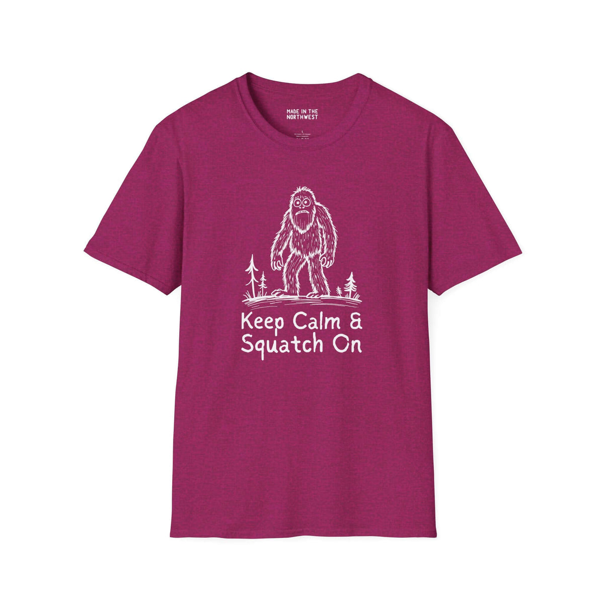 Bigfoot Keep Calm & Squatch On softstyle t-shirt in maroon, perfect for Sasquatch enthusiasts.