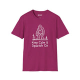 Bigfoot Keep Calm & Squatch On softstyle t-shirt in maroon, perfect for Sasquatch enthusiasts.
