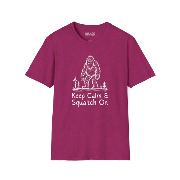 Bigfoot Keep Calm & Squatch On softstyle t-shirt in maroon, perfect for Sasquatch enthusiasts.