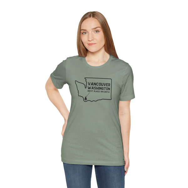 Woman wearing a Vancouver, Washington soft tee featuring a bold state outline design.