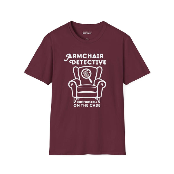 Armchair Detective T Shirt – Cozy True Crime Graphic Tee with armchair and magnifying glass design.