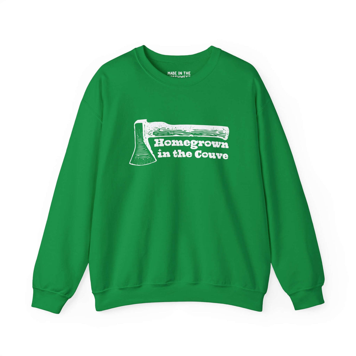 Green "Homegrown in the Couve" sweatshirt with illustrated axe, showcasing Vancouver pride and rustic craftsmanship.