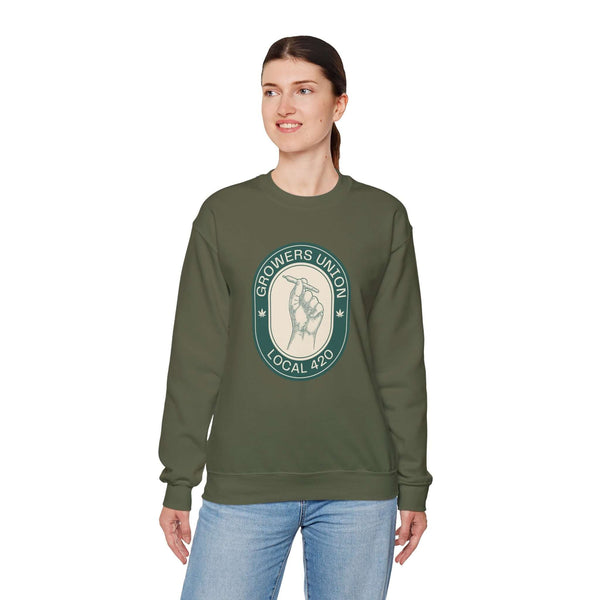 Woman wearing Grower's Union Local 420 sweatshirt with hand holding joint illustration, perfect for 420 culture enthusiasts.