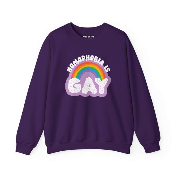 Homophobia is Gay sweatshirt with rainbow design, colorful, cozy, and proud fashion statement.