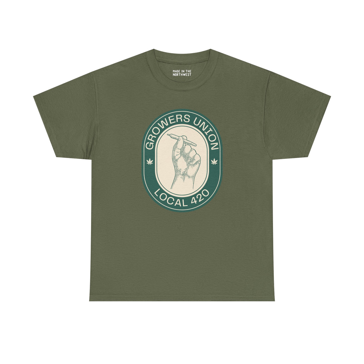 Grower's Union Local 420 athletic tee featuring hand illustration and green design, celebrating cannabis culture.