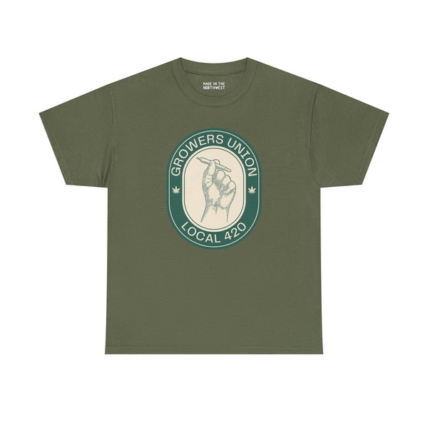Grower's Union Local 420 athletic tee featuring hand illustration and green design, celebrating cannabis culture.