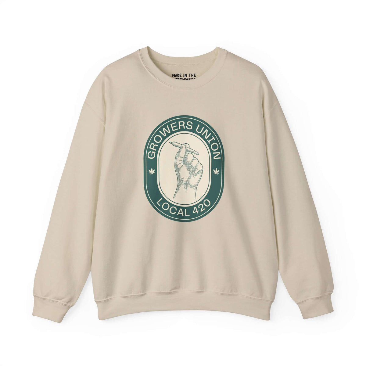 Grower's Union Local 420 sweatshirt with hand holding joint graphic, perfect for cannabis culture enthusiasts.