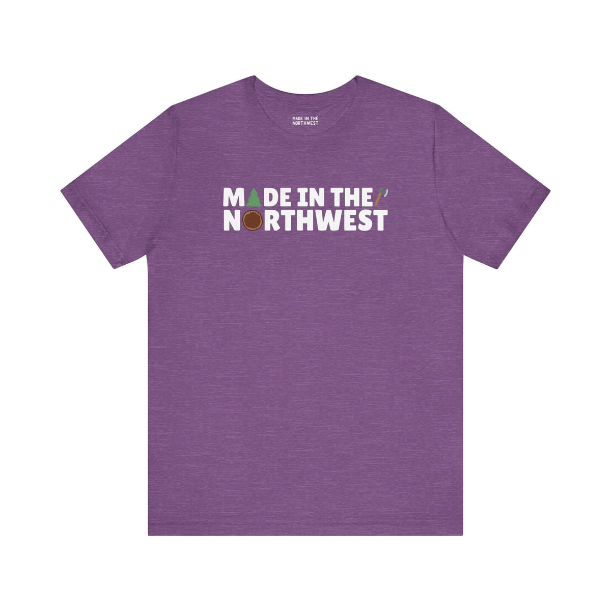 Purple "Northwest Woodlands" soft tee with "Made in the Northwest" text, featuring tree and axe design for nature lovers.